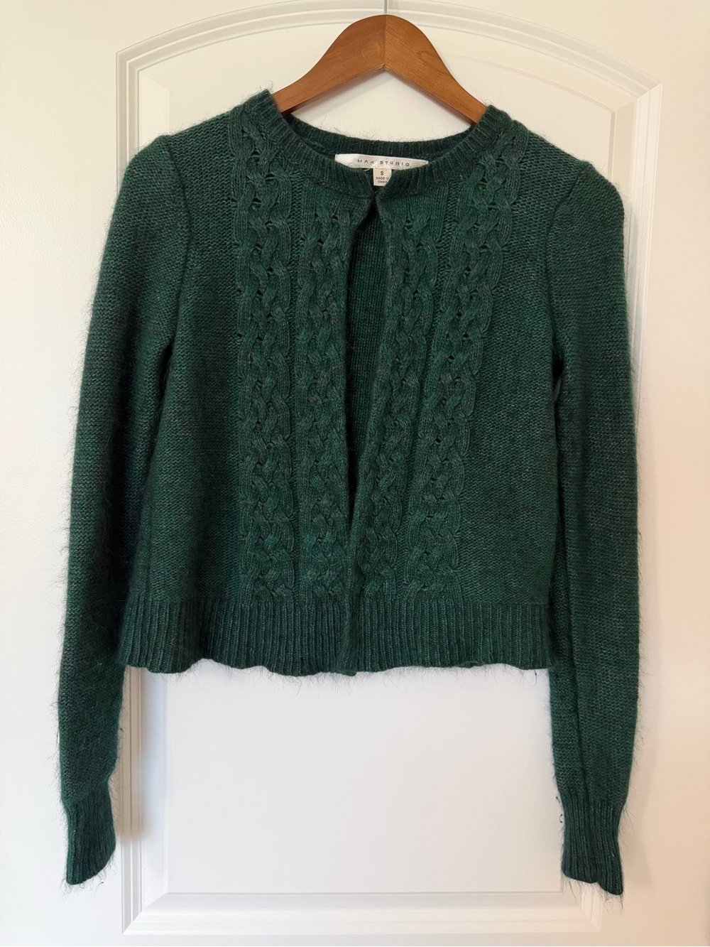 Max Studio Dark Green Cable-Knit Crewneck Cardigan